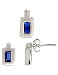 Sterling Silver Matte-finish Rectangular Earrings (9mm tall) & Pendant (11mm tall) Set, w/ Emerald Cut Blue Sapphire-colored CZ Stones