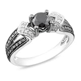 Paris Jewelry 2 Carat Genuine Black and White Diamond Split Shank Ring in Sterling Silver ( H-I, I2- I3 )