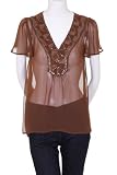 Forever 21 Beaded Sequins Chest Detail Chiffon Short Sleeve Top Brown