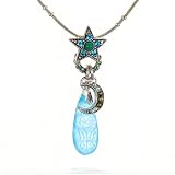Amaro Necklace - Moon and Star Amulet in Aquamarine and Silver Tones #12964 AMK ONK