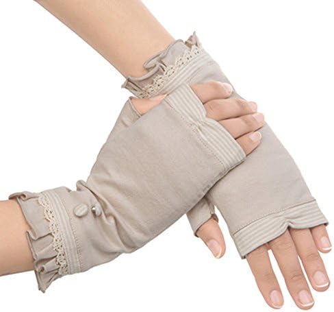 Women Summer UV Protection Cotton Lace Gloves Sun Outdoor Sports Driving Gloves Nail Dryer Gloves (Beige)