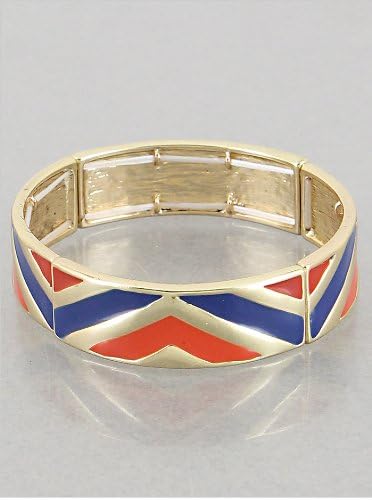 0.5 Inch Gold, Blue and Red Chevron Epoxy Gold Stretch Bangle.