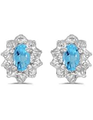 10k White Gold Oval Blue Topaz And Diamond Earrings