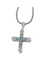 925 Silver & Blue Topaz Celtic Cross Pendant with 18k Gold Accents