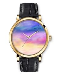 SPRAWL Aanalog Fashion Series Gold Ladies Watches of Genuine Black Leather Strap,Unique Wrist Watch for Women Girls Designed with Pigeons on colorful sky