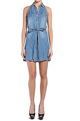 Sleeveless Cotton/Denim/Polyester Cutout Belted  Shirt  Dress