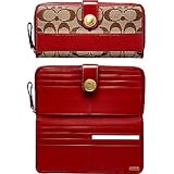 AUTHENTIC COACH SIGNATURE STRIPE ACCORDIAN ZIP WALLET 41631 (Khaki/Red)