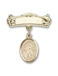 14K Gold Baby Badge with Our Lady of Perpetual Help Charm and Arched Polished Badge Pin