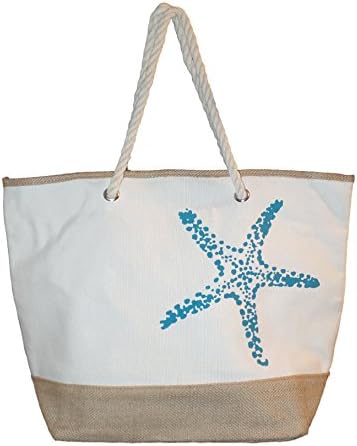 Rope Handle Nautical Starfish Print Beach Tote Bag with Jute Trim (Turquoise)