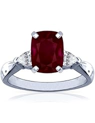 18K White Gold Cushion Cut Ruby Three Stone Ring