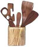 Baerreis Hand Crafted Kitchen Utensil Set, Six Natural Walnut Tools, Ambrosia Beetle Maple Holder USA Made