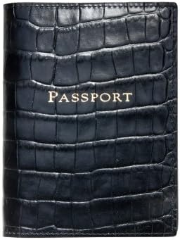 Crocodile Embossed Leather Passport Holder, Black