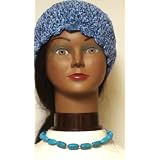 Hand Crocheted Denim Color Chenille Gimp Skull Cap Offered with Antique Silver Plated Short Chain Necklace with Simulated Large Blue Beads