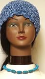 Hand Crocheted Denim Color Chenille Gimp Skull Cap Offered with Antique Silver Plated Short Chain Necklace with Simulated Large Blue Beads