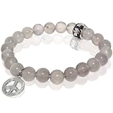 Gray Agate Stretch Bracelet with Peace Sign Charm & Stainless Steel Bead Accent