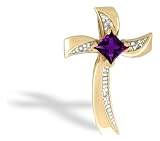 14K Yellow Gold Genuine Square Amethyst and Diamond Cross Pendant