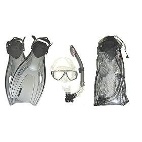 Small/Medium Body Glove Mask Dry Snorkel Fin Set w/Bag for Snorkeling Silver S/M (men 4 1/2 - 8 1/2) (wmn 5 1/2 - 9 1/2) Fins Package Vacation Authorized Dealer