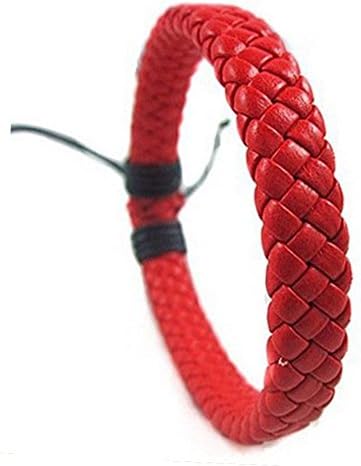 Linuo Men's Womens Braided Leather Rope Woven Wrap Surfer Cuff Bracelet (Red)