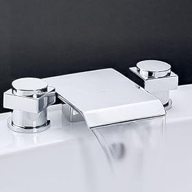 Contemporary Two Handle Widerspread Waterfall Bathroom Bath Tub Tap Mixer with Square Spout, Chrome