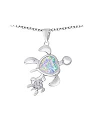 Original Star K (tm) Good Luck Mother and Child Turtle Pendant with Heart Shape Created Opal in 925 Sterling Silver