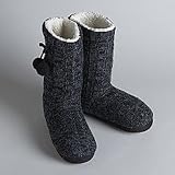 Pink Cookie Womens Black Cable Knit Boot Slippers Fur Lined Booties