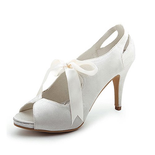 Women's Satin Upper High Heel Pumps Peep-toes With Sash Wedding Bridal Shoes (Size: 7 B(M) US/Ivory)