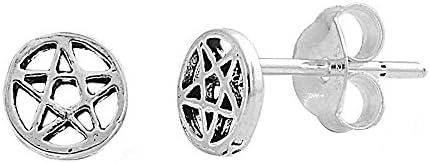 Sterling Silver Round Wiccan Pentacle Pentagram Star Stud Earrings