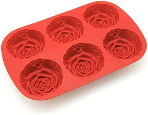 WBSEos Silicone Rose Shape Cake Molds Candy Mold &amp; Ice Cube DIY Baking Trays Chocolate Jelly Pan 6-Cavity (ROSE(Red))