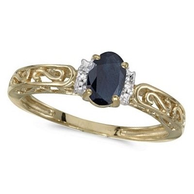 Blue Sapphire and Diamond Filigree Antique Style Ring 14k Yellow Gold