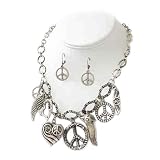 Silvertone Peace Charm Necklace and Earrings Set Fashion Jewelry