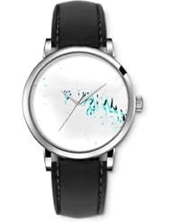 SPRAWL Aanalog Fashion Series Silver Ladies Watches of Genuine Black Leather Strap,Unique Wrist Watch for Women Girls Designed with Splashing blue cyan and black