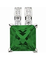 14K White Gold Princess Cut Chatham Created Emerald and Diamond Pendant -- LIFETIME WARRANTY