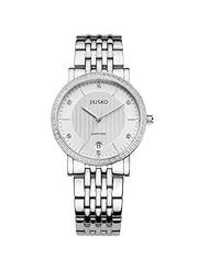 JIUSKO Luxury Stainless Steel with Diamond Bezel White Dial Unisex Dress Watch 125M01
