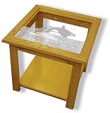 Oak Glass Top End Table With Orca Whale Etched Glass - Orca Whale End Table Furniture - Unique Orca Whale Gift Ideas - Fully Assembled - 22" x 22" x 20" high