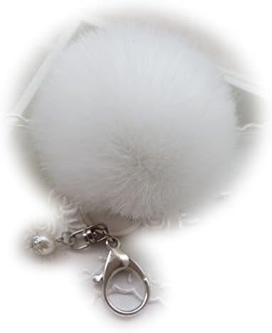 Sweet Home Gift Fluffy Faux Rabbit Fur Ball Keyring Keychain Women Pom Pom Handbag Charms White Silver Buckle