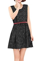 A-line Belted Sleeveless Round Neck Dots Print Short Cotton/Polyester Prom Dress 