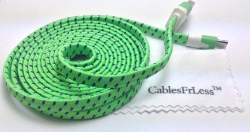 CablesFrLess (TM) 10ft Flat Braided Micro USB Charging / Data Sync Cable fits most Android Phones and Tablets Samsung Galaxy S3 S4 Reverb Note Tab Google Nexus Kindle Nokia Lumia HTC One ASUS LG G2 Pantech Blackberry Motorola Sony Xperia etc. (Green)