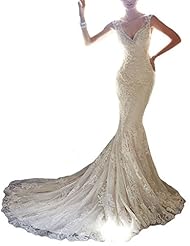 V-neck Mermaid Lace Sheer Vintage Ruched Sleeveless Wedding Dress  with a Court Train 
