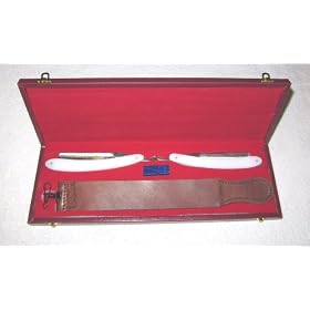 Straight Razor Gift set with 2 x High Qualtiy German carbon steel white handled razors, 1 x Real Leather Strop and DOVO Solingen re-sharpening Paste. Complete with How To Shave Instructions.