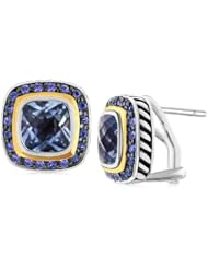 18K Yellow Gold and Sterling Silver Earrings with Blue Topaz and Sapphires