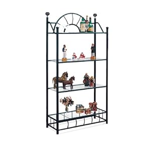 4 Tier Black Metal Book Shelf / Case with Glass Shelves Sunburst Design