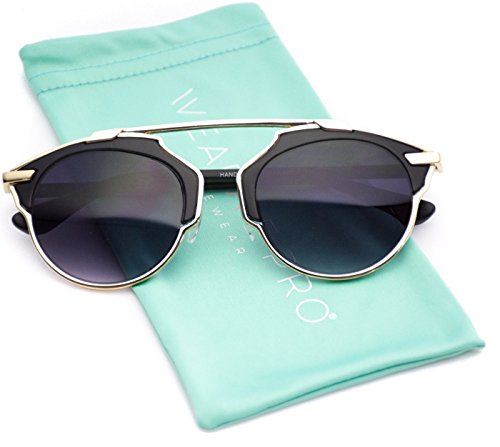 Mirrored Lens Fashion Designer Sunglasses for Women (Black / Gold Rimmed, 50)