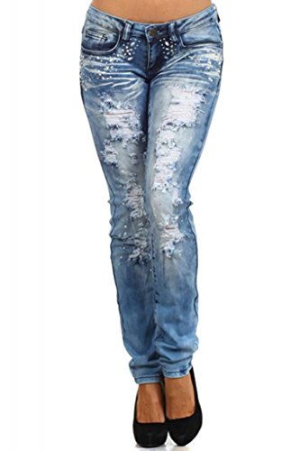 MACHINE JEANS Destroyed Distressed Denims Light Wash Skinny Jeans with Jewel Details Size 11