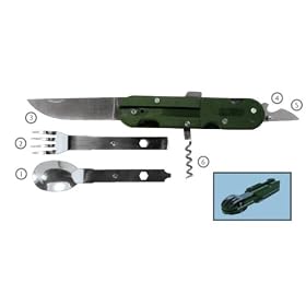 Camping Chow Set Multi-tool ~ Knife Fork Spoon Cork Screw Bottle Opener ~ Carrying Case by
