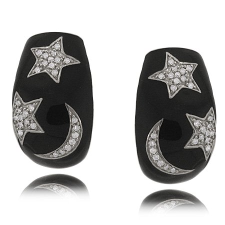 Diamond Earrings Sterling Silver Moon  &  Star - Enamel