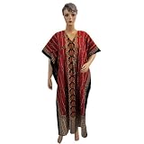 Womens Dress Red Elegant V Neck Ethnic Print Cotton Kimono Sleeves Long Caftan