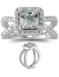 0.76 Cts Diamond & 1.41 Cts Green Amethyst Ring in 14K White Gold