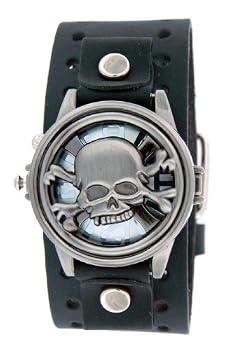 Nemesis Spinning Skull With Black Leather Cuff Watch
