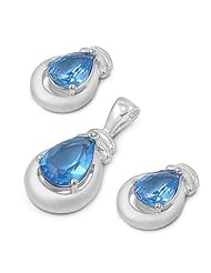 Sterling Silver Tear Drop Pendant and Earrings Jewelry Set with Blue Topaz CZ