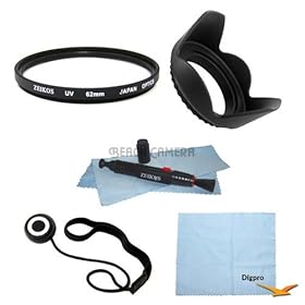 Special Essential 62mm UV Filter Accessory Bundle - Includes 62mm Multicoated UV Protective Filter, 62mm Hard Lens Hood, LCD/Lens Cleaning Pen And MicroFiber Cloth, Microfiber Cleaning Cloth, Lens Cap Keeper